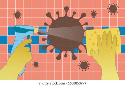 Disinfection of home from coronavirus, MERS-Cov. Hands in gloves with spray and sponge wash wall tiles. Spraying of disinfectant solution. Sanitary cleaning during quarantine, isolation period.