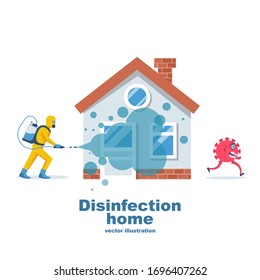 Desinfección en casa. Prevención de la epidemia de coronavirus covid-2019. Trabajador en traje de hazmat hace saneamiento. Protección química. Diseño plano de ilustración de vector. Más limpio en la mano. 