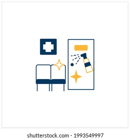 Disinfection in hospitals flat icon. Sanitizing wards and beds. Isolating patients. Safety space and preventative measures. Preventing virus spread concept. Vector illustration