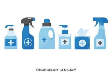 Disinfection. Hygiene. Hand sanitizer bottles, washing gel, spray, wipes box, liquid soap. Vector illustration