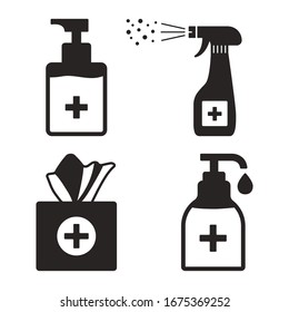 Disinfection. Hygiene. Set Of Hand Sanitizer Bottles, Washing Gel, Spray, Wet Wipes, Liquid Soap, Napkins. Vector Illustration