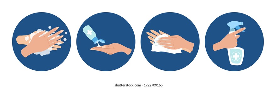 Disinfection and hygiene. Set of hands with wipes, washing hands, sanitizing hands and disinfection of surfaces. Personal protection from infection. Vector illustrations set.