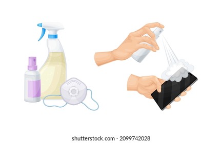 Disinfection and hygiene set. Mobile phone treatment with disinfectant spray. Sanitizer bottles vector illustration