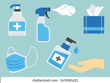 Disinfection. Hygiene. Set of sanitizer bottles, washing gel, spray, wet wipes, liquid soap, medical mask, napkins. PPE personal protective equipment. Vector illustration