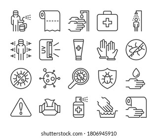 Disinfection Icon. Disinfection And Sterilization Line Icons Set. Editable Stroke.