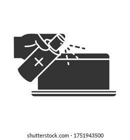 disinfection, laptop spray in hand cleaning, coronavirus prevention sanitizer products silhouette style icon vector illustration