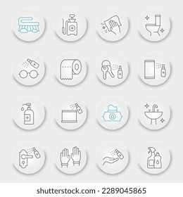 Disinfection line icon set, cleaning symbols collection, vector sketches, neumorphic UI UX buttons, hygiene icons, antibacterial cleaning signs linear pictograms, editable stroke
