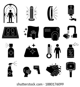 Disinfection line icons. Cleaning and sanitizer surface, spray bottle, wash hand gel, UV lamp, sanitizing mat, infrared thermometer, dispenser, disinfection tunnel. Coronavirus rules. Glyph. Vector