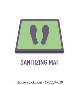 Disinfection mat with footprint sign in flat design on white background. Sanitizing mat to clean Covid-19 coronavirus infection on shoes. Healthcare sanitizer.