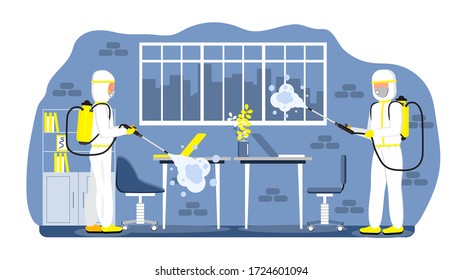 Disinfection of office. Disinfectant workers are wearing protective mask and suit. Man is carrying gas cylinder. Toxic and chemicals protection vector. Spraying of antiseptic or sanitize smoke.