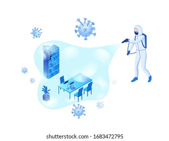 Disinfection of office room from Coronavirus to prevent 2019-nCoV contamination, man in hazmat suit and protective face mask spraying disinfectant on virus particles, isometric vector 3d illustration