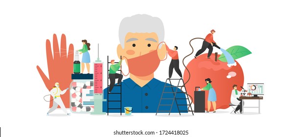 Disinfection, personal and food hygiene during corona virus pandemic, vector flat illustration. Washing hands, fruit and vegetables with water, wearing medical mask, vaccine development to fight virus