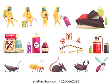 Disinfection pest control set of flat isolated images with insects decontamination equipment items and disinfector characters vector illustration