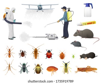 Disinfection, pest control, vector men in protective suits and airplane spraying pesticides against insects. Isolated bug, flea and cockroach, ant, tick and wasp extermination. Cold fogger with smoke