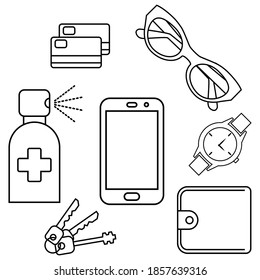Disinfection of phone, wallet, keys, credit card, sunglasses and hand watches. Sanitizing personal mobile, wallet and keys used disinfectant. Smartphone disinfection. Outline icons set. Vector