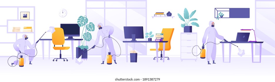 Disinfection of premises during global pandemic. People in protective suits, rubber gloves and boots, respirators disinfect office, co-working space. Spray antiseptic on surface, furniture and floors.