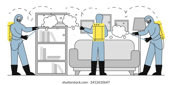 Desinfektion der Räumlichkeiten linearen Konzept. Mannschaft von Männern in Schutzkostüm mit disenfect Produkt. Ridding Wohnung von Insekten. Doodle-flache Vektorgrafik einzeln auf weißem Hintergrund