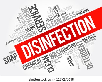 Disinfection - process of eliminating or reducing the number of harmful microorganisms, such as bacteria, viruses, fungi, and parasites, on surfaces, objects, or in the air, word cloud concept