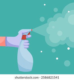 Disinfection process. Hand in glove holding trigger spray bottle, releasing disinfectant mist. Used for sanitation, hygiene, infection prevention, and surface sterilization