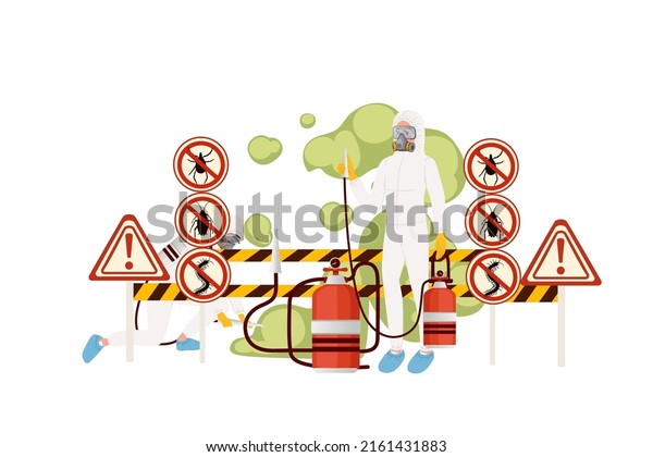 Disinfection process pest control service man\
with protection suit no insect plates vector illustration on white\
background
