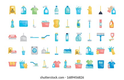 disinfection products and cleaning elements icon set over white background, flat style, vector illustration