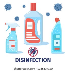 Disinfection products vector set. Clean and remove viruses and bacteria at home and in public places. Health care and cleaning of surfaces. Illustration with isolated elements for poster, banner. 