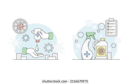 Disinfection related symbols set. Hand hygiene and sanitizer bottles vector illustration