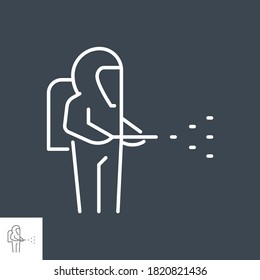 Disinfection related vector thin line icon. Man in protective antiviral suit sprays a disinfectant. Isolated on black background. Editable stroke. Vector illustration.