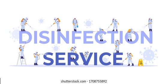 Disinfection service. Concept set of cleaning company staff different poses, for web page, banner, presentation, social media, documents, cards, posters. Coronavirus, pandemic. Vector illustration