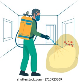 Concepto de servicio de desinfección. Una imagen vectorial de un hombre enmascarado está procesando una habitación con una composición especial.