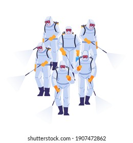 Disinfection service, eliminates bacteria, viruses, microbes, mold and more with a professional workers in full PPE suit and of disinfectant. Flat style vector illustration isolated on white.