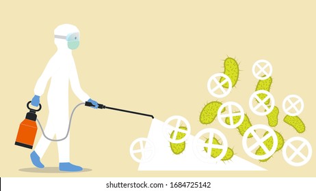 Disinfection service, a man in personal protective equipment (PPE), 
He is spraying a chemical to clean and disinfect that is has no bacteria, mold, viruses mildew or odors.
Vector illustration.