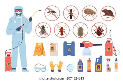 Servicio de desinfección. Hombre con uniforme. Sustancias antiparasitarias. Trabajador de control de insectos y roedores con equipo insecticida. Equipamiento profesional. Juego de exterminación de parásitos vectores