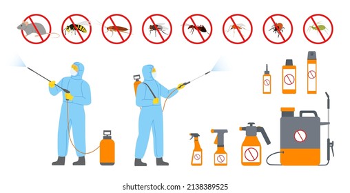 Disinfection service. Pests treatment. Workers in protective uniform sprayed toxin and poison. Disinsection and deratization. Professional equipment. Vector parasites