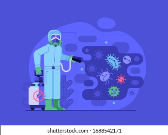 Disinfection service process illustration with disinfectant worker in biohazard costume spraying decontamination spray on virus. Sterilization pandemic prevention measures concept scene.