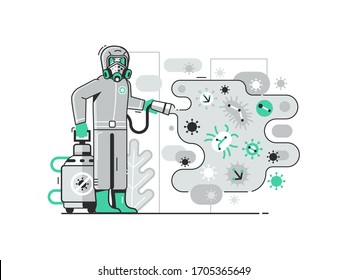 Disinfection service process illustration with disinfectant worker in biohazard costume spraying decontamination spray on virus. Sterilization pandemic prevention measures concept scene.