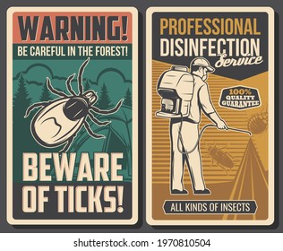 Disinfection service and tick bite prevention banners. Pest control exterminator in mask spraying insecticide on insects, tick on camping site vector. Parasite insects danger warning plate or poster