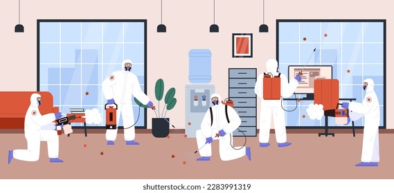 Trabajadores del servicio de desinfección limpiando sala de oficina, ilustración plana vectorial. Gente con mascarilla protectora, gafas y traje para pulverizar líquido de descontaminación en interiores. Prevención de propagación de virus.