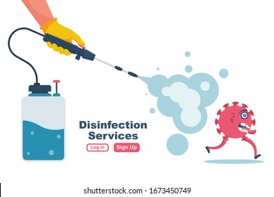 Disinfection services concept. Prevention controlling epidemic of coronavirus covid-2019. Worker in chemical protection disinfects. Vector illustration flat design. Cleaner in hand. Runaway virus.