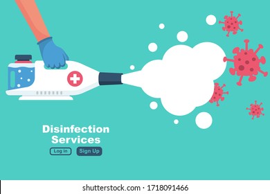 Disinfection services concept. Prevention controlling epidemic of coronavirus covid-2019. Worker in chemical protection disinfects. Vector illustration flat design. Cleaner in hand. Runaway virus.