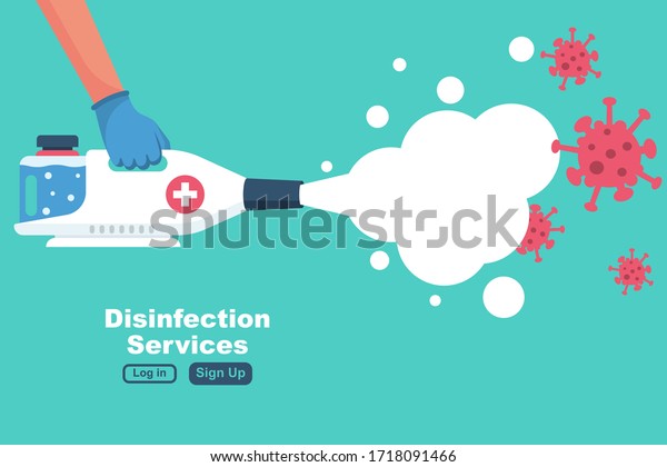 Disinfection services concept. Prevention\
controlling epidemic of coronavirus covid-2019. Worker in chemical\
protection disinfects. Vector illustration flat design. Cleaner in\
hand. Runaway\
virus.
