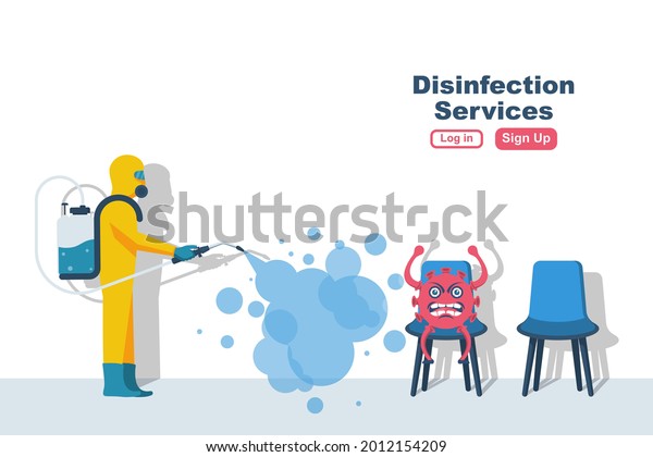 Disinfection services concept. Prevention\
controlling epidemic of coronavirus covid-2019. Worker in chemical\
protection disinfects. Vector illustration flat design. Cleaner in\
hand. Runaway\
virus.