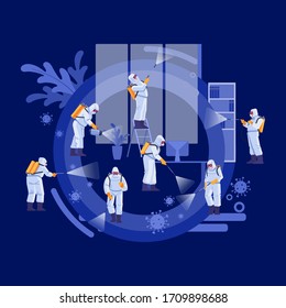 Disinfection Services & Deep Cleaning Concept. Coronavirus, Pandemic. Group Of Janitors In Uniform Cleaning And Remediation To Curb Infection Covid-19. Vector Illustration