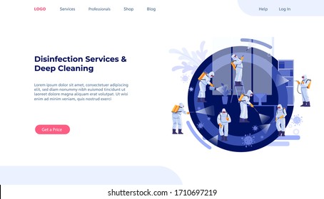 Disinfection Services & Deep Cleaning concept. Coronavirus, pandemic. Group Of Janitors In Uniform Cleaning and decontamination to curb infection. Web page design template. Vector illustration.