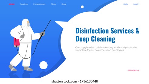 Disinfection Services And Deep Cleaning Concept. Coronavirus, Pandemic. Man In Virus Protective Suits And Mask Disinfecting. Cleaning Company Staff. Site Template.