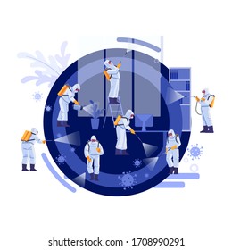 Disinfection Services & Deep Cleaning. Coronavirus, pandemic.  Group Of Janitors In Uniform Cleaning and remediation to curb infection. Vector illustration