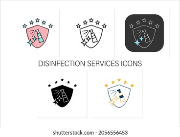 Disinfection services icons set.Sanitary, epidemiological control.Preventative measures.Preventing virus spread concept.Collection of icons in linear,filled,color styles.Isolated vector illustrations
