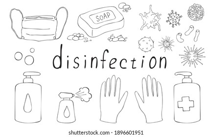 Disinfection. Set of doodle illustrations of hand sanitizer bottles, medical face mask, spray, gloves. Hand hygiene.