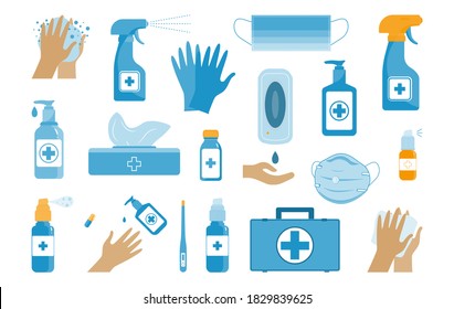 Disinfection. A set of personal protective equipment. Hand hygiene. A set of sanitizers, sanitary napkins, medical masks, thermometer, disposable gloves, first aid kit. PPE icons. Flat vector.
