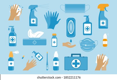 Disinfection. A set of personal protective equipment. Hand hygiene. Set of sanitizers, sanitary napkins, medical masks, thermometer, disposable gloves, first aid kit on a blue background. Flat vector.